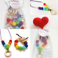 four different types of beaded necklaces in various colors and sizes, including one with a heart