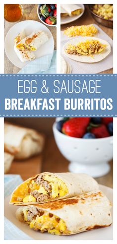 egg and sausage breakfast burritos on a plate with strawberries in the background