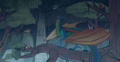 an animated image of a man riding on top of a dinosaur in the rain,