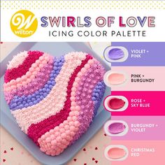 a cake with pink, purple and blue icing on it's side that says swirls of love icing color palette