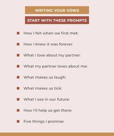 a neutral pink graphic about how to write your own wedding vows with examples of writing prompts to gather your thoughts Wedding Vow Outline Template, Wedding Vows Outline, Wedding Vow Outline, Vow Outline, Wedding Vows That Make You Cry To Husband, Wedding Vows To Husband Cry Funny, Wedding Vows That Make You Cry, Wedding Vows Template, Writing Wedding Vows