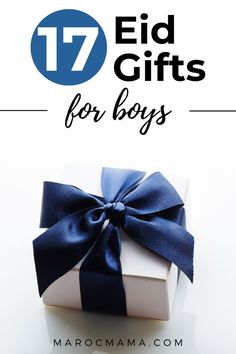 a white gift box with blue ribbon and the words 17 ed gifts for boys