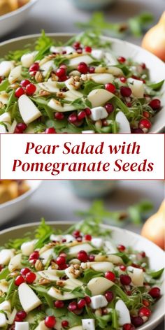 pear salad with pomegranate seeds in a white bowl