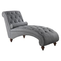 Modern styling and superior comfort intersect in the design of our Keller chaise. Contoured for your ultimate comfort and trimmed with traditional accents, the timeless look will be a wonderful addition to your boudoir or living room. Covered with textured fabric with button tufting, rolled bolster pillow, nailhead trim and espresso-finished turned wood legs. Available in a variety of colors. Color: Dark Gray. Tufted Chaise Lounge, Sofa Santai, Upholstered Chaise Lounge, Upholstered Chaise, Chaise Lounge Sofa, Chaise Lounges, Linen Upholstery, Chaise Lounge Chair, Lounge Sofa