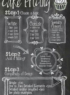 a chalkboard with instructions for cake pricing on it