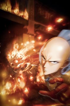 an anime character in front of fire with his eyes open and one hand on the ground