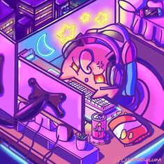 a drawing of a person sitting at a desk with a computer and headphones on