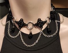 "Byzantine Diamond weave chainmail choker is made with 3/16\" ID 18g Black and 5/16\" ID 16g, 1/2\" ID 14g Bright aluminum jump rings, 3 black teardrop glass beads, and about 2ft of 4mm chain with a barrel clasp. Choker length 16in (41cm), can be adjusted some for fit" Black Gothic Chain Choker, Black Gothic Choker With Chain, Gothic Metal Chainmail Choker, Elegant Black Chainmail Jewelry, Medieval Black Metal Necklace, Medieval Style Black Metal Necklace, Black Metal Chainmail Necklace, Adjustable Black Chainmail Jewelry, Black Handmade Medieval Jewelry