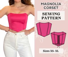 This is a pdf women corset pattern with Instant Download A4  1.5 cm seam allowance  INCLUDES: - The PDF pattern  files include a layer option so you can choose to print your size or multiple sizes. Choose your size based on the size chart. This Pattern include  6 sizes XS-XXL - Detailed instructions construction steps accompanied by photographs that you will be able to understand how to construct the corset.  Printing, Taping, Cuting , Sewing. Print out at 100% scale on your home printer. Use th How To Make A Bustier Top, Strapless Corset Pattern, Corset Sewing Pattern Bustiers, Patron Corset Bustier, Diy Corset Top Pattern, Easy Bustier Pattern, Eclipse Outfit, Silk Dress Pattern