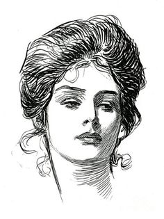 a black and white drawing of a woman's head with curly hair, wearing earrings