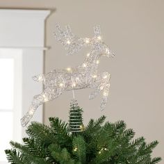 a christmas tree decorated with lights and a reindeer ornament hanging from it's top