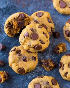 chocolate chip cookies are piled on top of each other