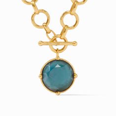 Lustrous, lightly hammered links lead to a round precision-cut statement gemstone embellished with a cameo bee on the reverse side. Julie Vos Jewelry, Blue Obsidian, Black Ruby, Dash And Albert Rugs, Julie Vos, Dash And Albert, Bee Pendant, Gold Statement Necklace, Stone Feature