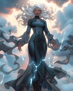 a woman with white hair standing in front of a cloudy sky and lightning behind her