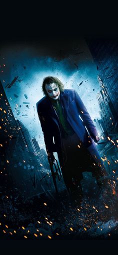 the dark knight movie poster with joker in it's blue suit and red hair