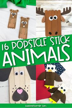 popsicle stick animals with the words popsicle stick animals in green and white on them