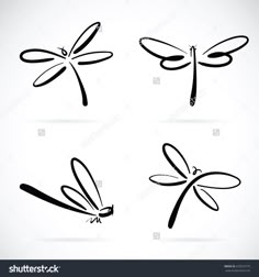 four dragonflys on white background, set of three black and white images with different wings