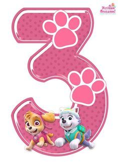 the number three with paw patrol characters on it's front and back paws in pink