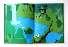 an open children's book with pictures of people swimming in the water and trees