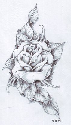 a pencil drawing of a rose with leaves on it's side and an arrow pointing up