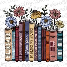 books with flowers and umbrellas are on top of each other in front of a white background