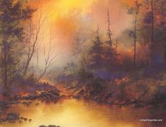 an oil painting of trees and water at sunset