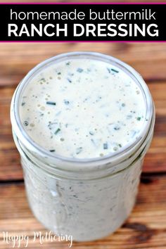 homemade dressing buttermilk ranch in a mason jar on a wooden table with text overlay