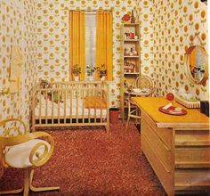 an old fashioned baby's room with sunflower wallpaper