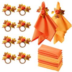 an assortment of napkins and rings with autumn decorations