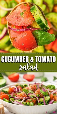 cucumber and tomato salad in a white bowl with the title overlay that says cucumber and tomato salad