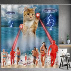 a shower curtain with an image of a cat on the beach and people in bathing suits