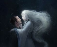 a man and woman are hugging in the snow with long white hair, on a dark background