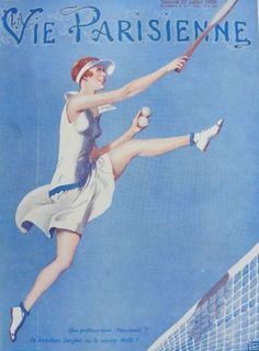 an old magazine with a woman playing tennis on it's front cover, sitting on a wooden bench