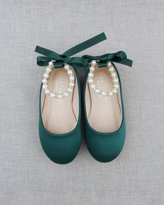 green flats, hunter green shoes, kids green shoes, girls green flats, satin flats, pearl shoes, pearl ankle straps, fall wedding shoes, winter wedding shoes, green flower girl shoes Hunter Green Toddler Dress, Emerald Green Heels Wedding, Dark Green Ring Bearer Outfit, Flower Girl Dresses Emerald Green, Dark Green Flower Girl Dresses, Hunter Green Wedding Colors, Emerald Flower Girl Dress