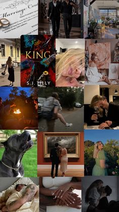 a collage of photos with people and dogs