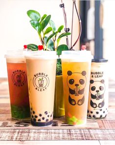 three different types of drinks sitting on top of a wooden table next to a potted plant