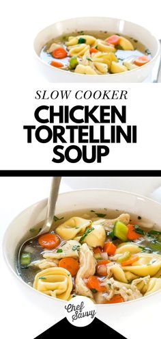 Save this Easy, Healthy Slow Cooker Chicken Tortellini Soup Recipe! This Chicken Tortellini Soup Recipe is cooked low and slow for 6 hours! Tender vegetables, cheesy tortellini, and Italian seasonings make this soup so flavorful. Super comforting and perfect for cold weather, this set it and forget it slow cooker recipe is perfect for busy families! Follow Chef Savvy for more Chicken Recipes!