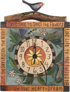 Square Wall Clock –  Take TIme to Smell the Flowers wall clock with flower and bird motif Palette Wall, Square Clocks, Sticks Furniture, Small Clock, Clock Painting, Handmade Clocks, Des Moines Iowa, Square Wall Clock, Bird Motif