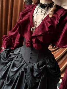 This exquisite piece combines the dramatic flair of gothic fashion with the delicate charm of lolita style. The deep red hue exudes a sense of mystery and allure, perfect for those who want to make a bold statement. The shirt features a flattering V-neckline, accentuated by meticulously crafted ruffles that cascade elegantly down the front, adding depth and texture to your ensemble. Pair it with a high-waisted skirt or tailored pants to complete your gothic lolita look.  SizeSLBust90100Sleeve Le Gothic Valentines Outfit, Ribcage Fashion, Vampire Clothes Women, Gothic Inspired Outfits, Poet Aesthetic Outfits, Vampirecore Fashion, 90s Vampire Aesthetic, Vamp Goth Outfit, Red And Black Hairstyles