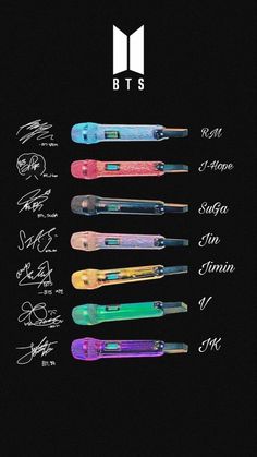 an assortment of different colored toothbrushes on a black background with autographs and signatures