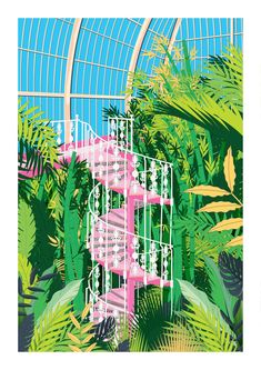 a pink spiral staircase surrounded by tropical plants