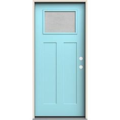 a blue front door with two white dots on the bottom and side panels, against a white background