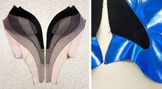 two pictures side by side, one in blue and the other in black with high heels