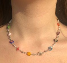 "Beautiful Handmade assorted millefiori flower and silver plated spacer beads rosary chain style necklace❤️   This necklace is adjustable with a 2\" extension chain with every length (worn at 16\" in photo) and made with a tarnish resistant wire and stainless steel clasp and spacer beads Bead placement will vary from the necklaces show in the listing as they are made to order and beads are randomly placed :) PACKAGING  This will come in a little organza gift bag so make the perfect present!  CAR Millefiori Necklace Aesthetic, Random Bead Necklace, Diy Chain Necklace, Harry Styles Necklace, Homemade Necklace, Witch Crafts, Homemade Necklaces, Cool Necklace, Funky Necklace