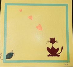 a painting of a cat and a mouse on a yellow background with hearts in the sky