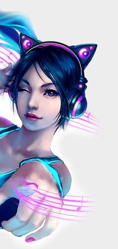 a digital painting of a woman wearing headphones and cat ears with her hands behind her back