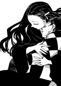 a black and white drawing of two people hugging