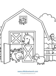 a farm scene with animals and a barn coloring pages for kids, free printable worksheet