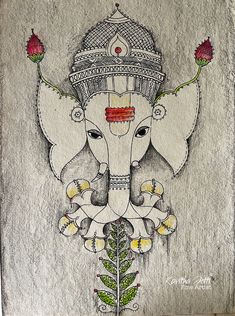 a drawing of an elephant with flowers on it's head