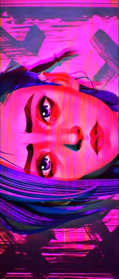 a digital painting of a woman's face with pink and blue stripes on it